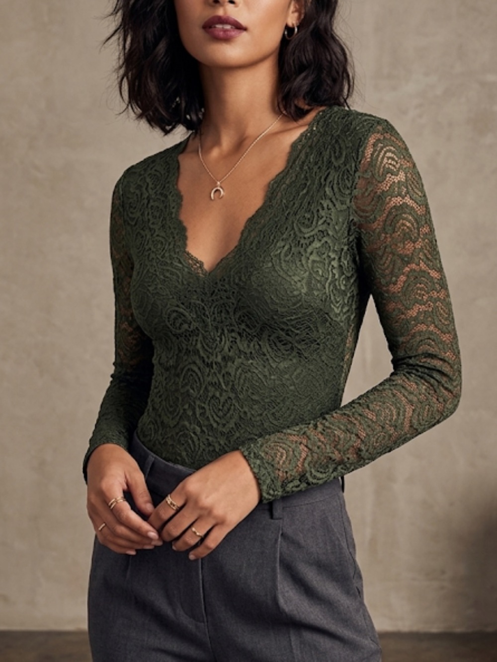Charlotte Russe Paisley Lace Long Sleeve Bodysuit Olive Green Small Night Out - Picture 1 of 8